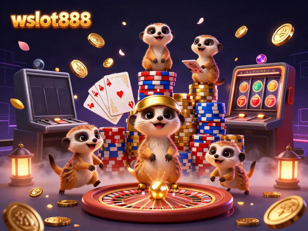 wslot888 merayakan kemenangan dengan karakter meerkat di kasino berlimpah emas dan permata.