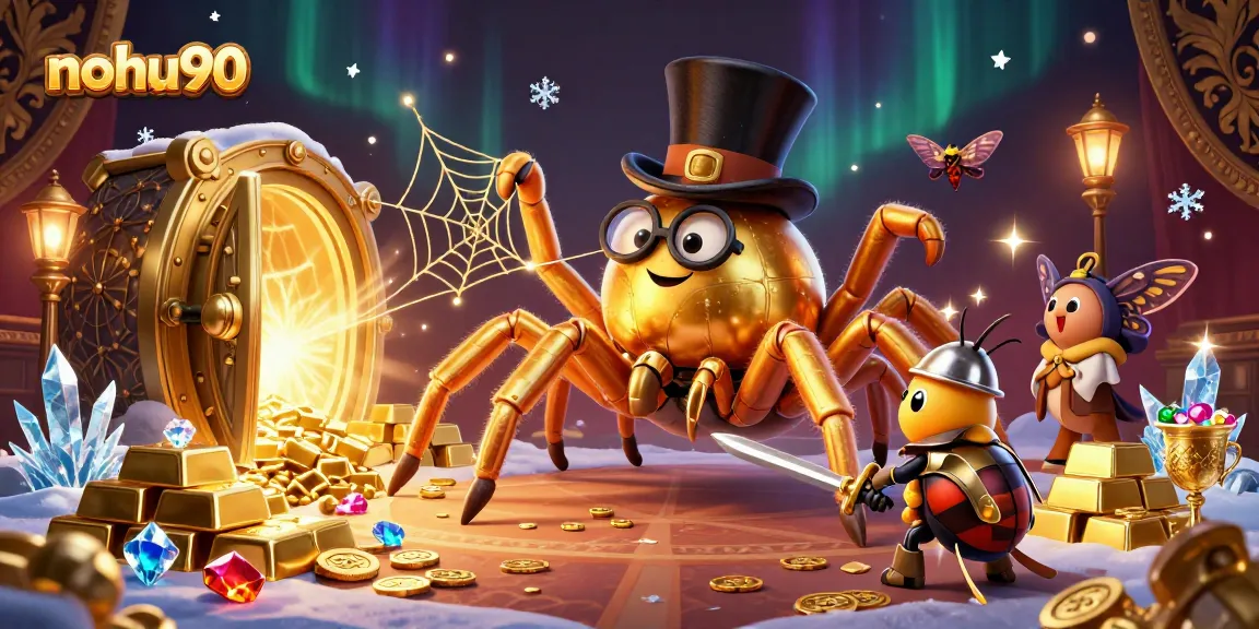 Nohu90 features a giant golden tarantula interacting in a vibrant casino scene filled with treasures and playful characters.