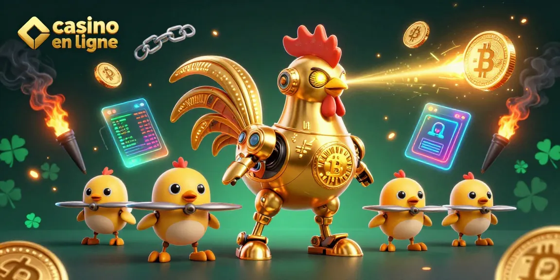 Visualisez le monde du casino en ligne avec un robot coq futuriste et des pièces de crypto en arrière-plan.