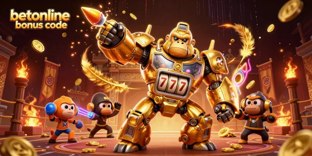 Engage with the exciting betonline bonus code in a dynamic casino-themed scene featuring a golden mech gorilla.