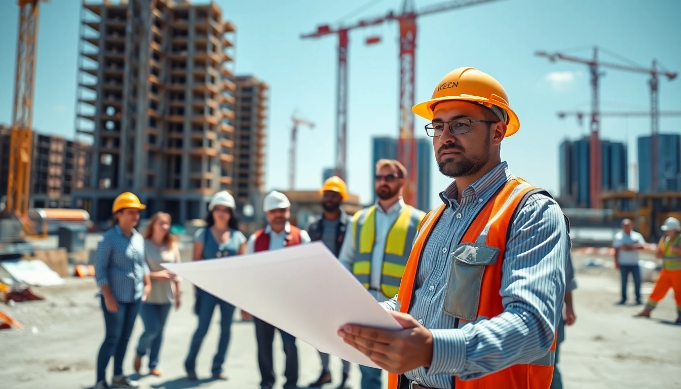 New Jersey Construction Manager overseeing a busy construction site with blueprints in hand.