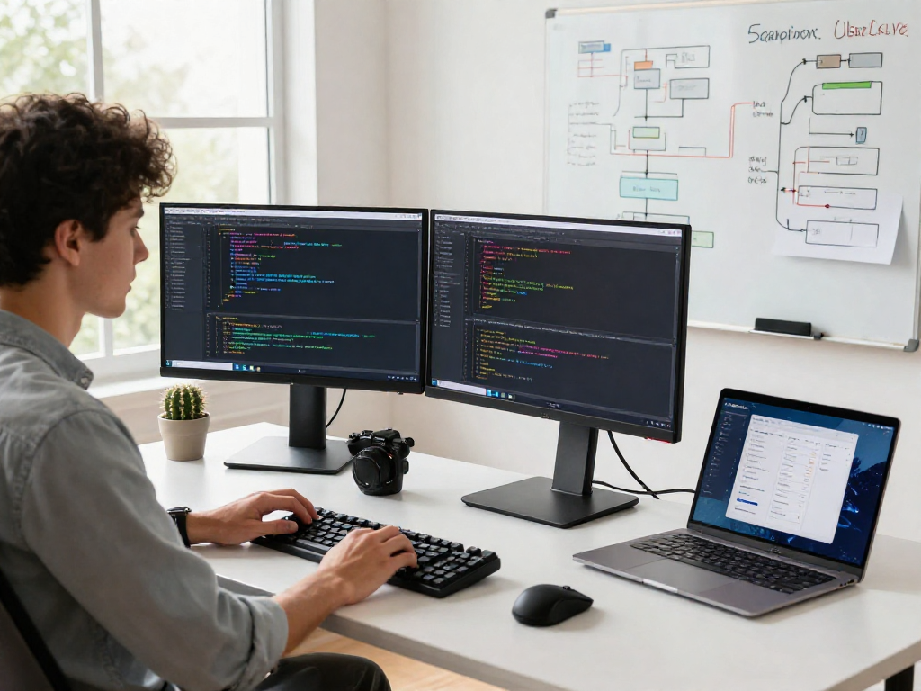 Desarrollador utilizando Immediate Edge en un entorno de trabajo moderno con monitores y herramientas de programación.