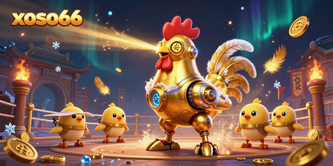 xoso66 engages players with thrilling action in a vibrant 3D casino illustration featuring a golden rooster robot and dynamic game elements.