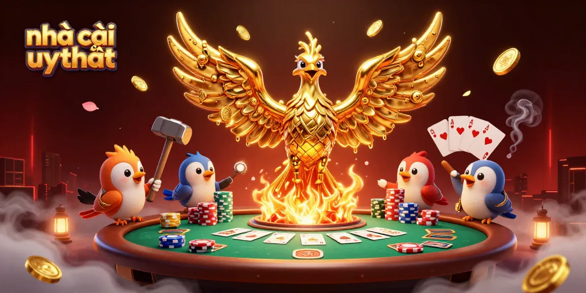 Experience the excitement of nhà cái uy tín with a dynamic poker scene featuring a golden phoenix.