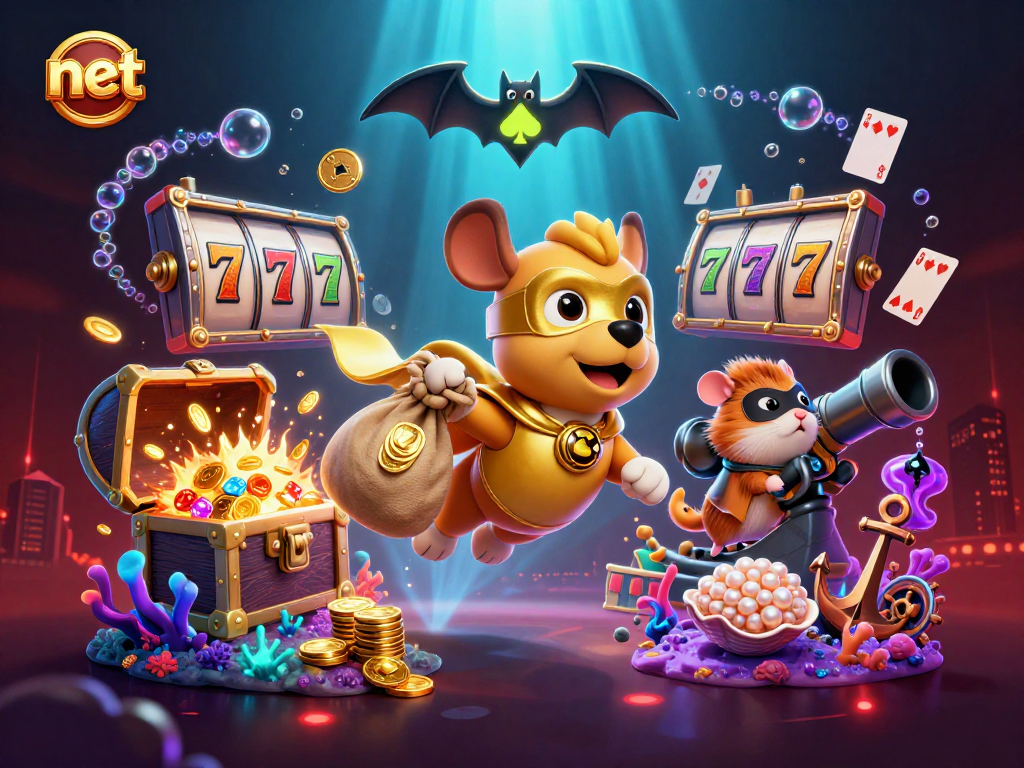 Experience excitement with the net as a superhero dog and hamster team up in this vibrant casino scene.