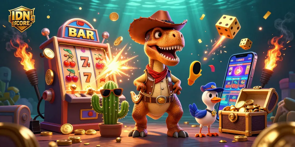 IDNSCORE showcases an exciting slot experience with a T-Rex character among dynamic casino elements.