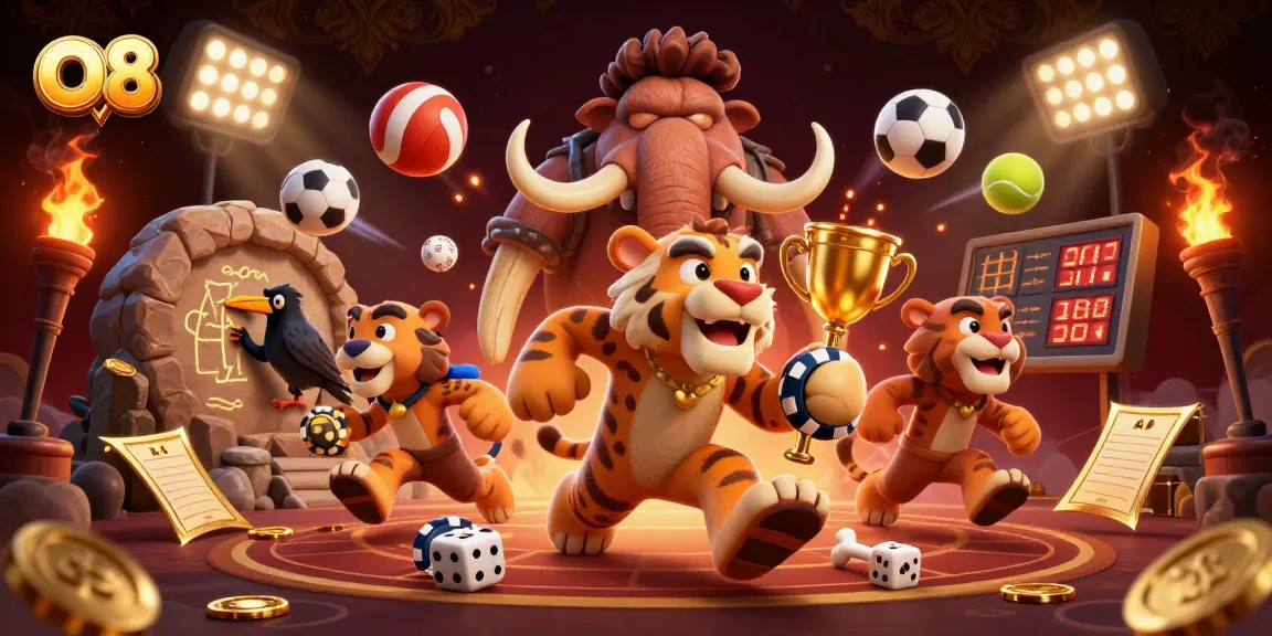 Experience the thrill of O8 with a dynamic prehistoric casino scene featuring sports elements.