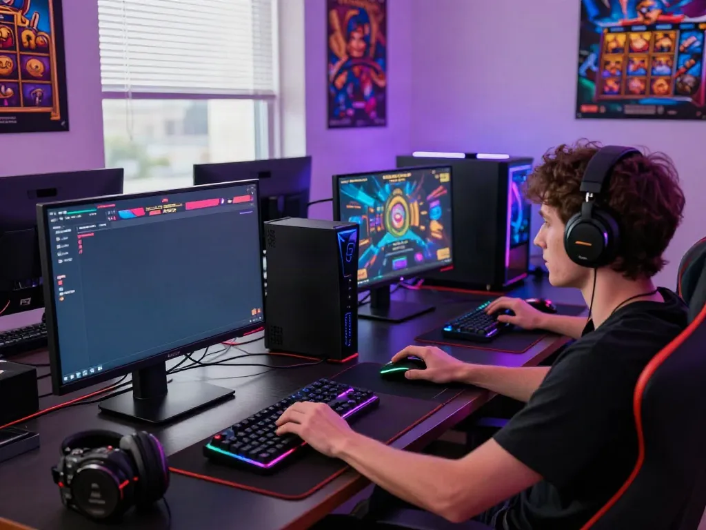 Engaged player enjoying PG SLOT gaming experience at a stylish gaming setup.