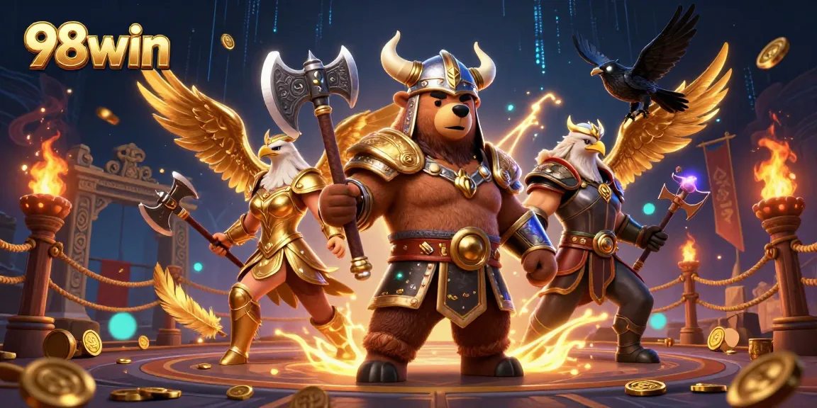 Engage in thrilling gaming at 98win, featuring vibrant characters and rich casino elements.