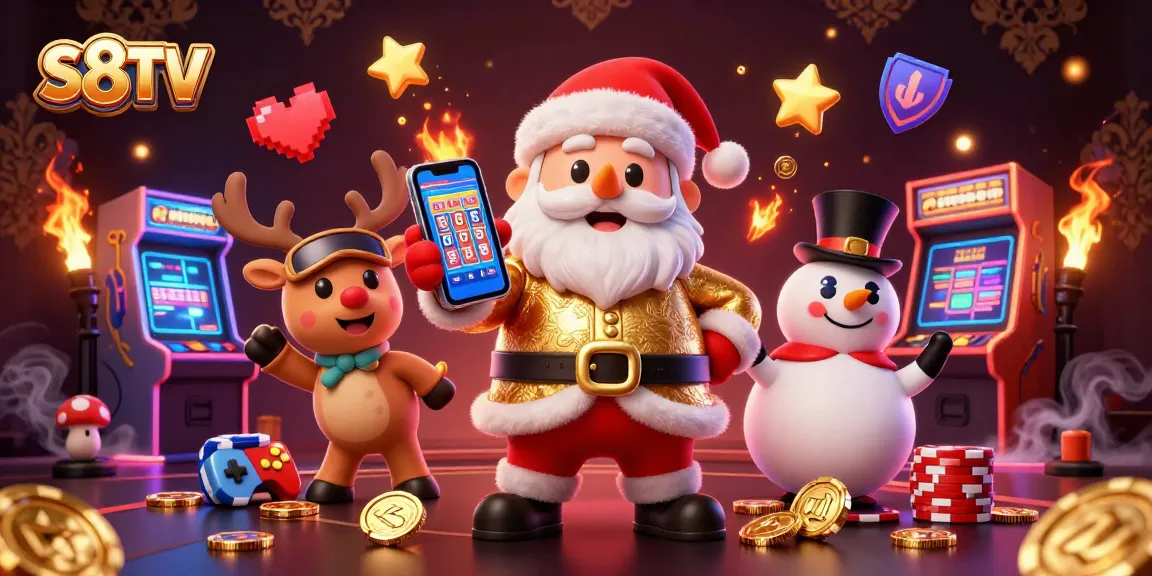 S8TV presents a thrilling Christmas-themed scene with Santa, reindeer, and a snowman celebrating the jackpot fun.