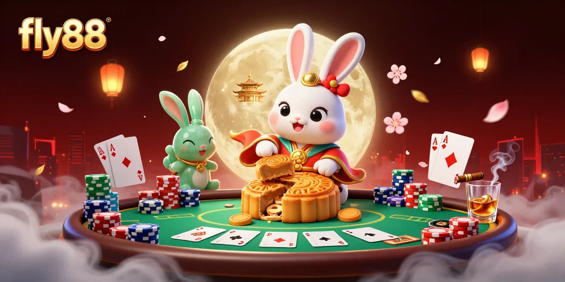 fly88 invites players to experience a vibrant casino scene with poker chips, moon rabbit, and dynamic gaming elements.