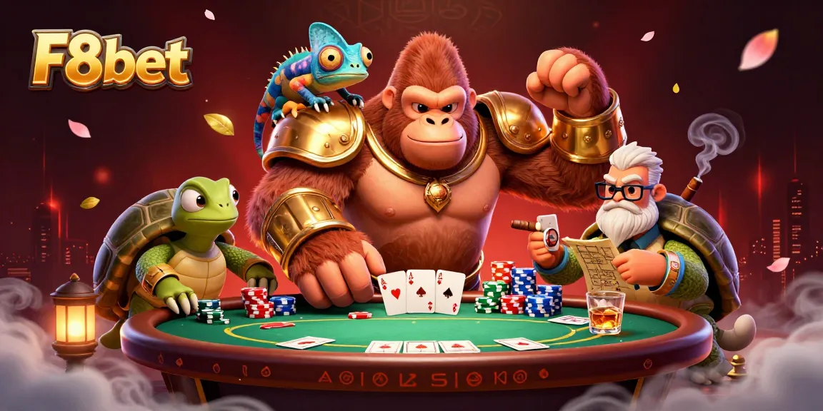 Engage with F8bet's vibrant online casino scene featuring a powerful gorilla and his companions.