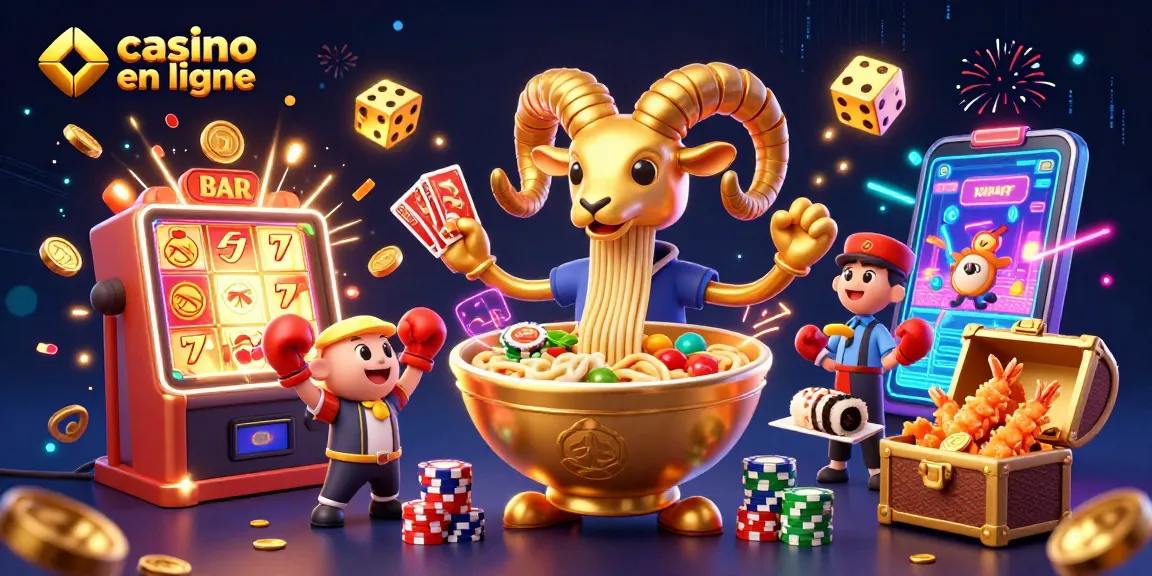 Illustration dynamique d'une scène de casino en ligne avec des personnages de sushi, ramen et crevettes.