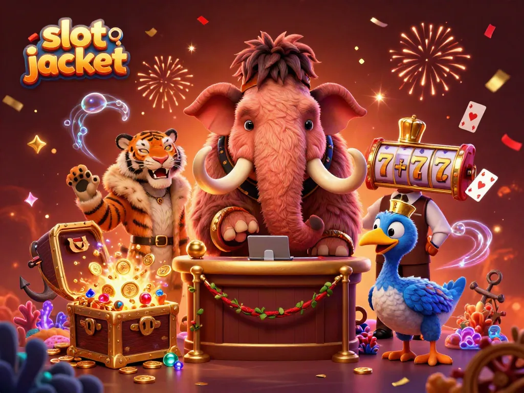 Ilustrasi slot jackpot yang menggambarkan bajingan mamut berbulu 3D diperiksa di kasino, suasana menakjubkan dan penuh warna.