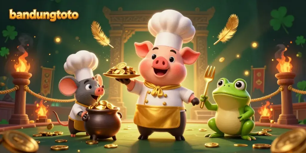 Experience gaming excitement with bandungtoto, featuring a gourmet pig chef serving golden coins.