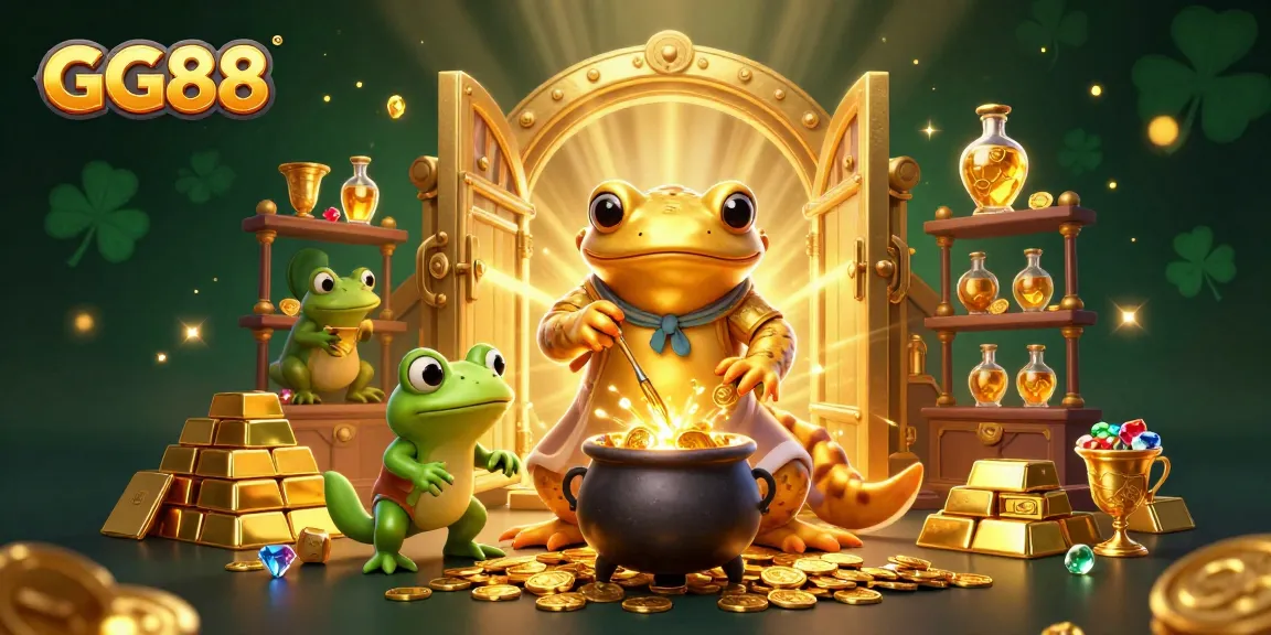 Win big at GG88 with a whimsical 3D illustration featuring gold transmutation and gaming elements.