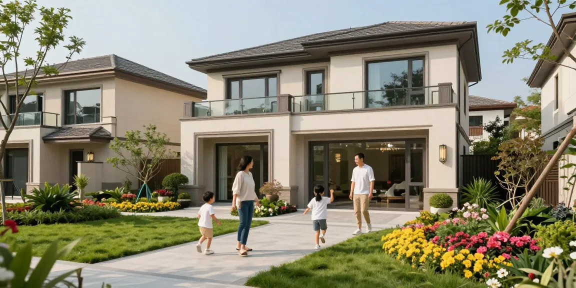 Famille heureuse découvrant une nouvelle maison de Woning Unie dans un quartier calme.