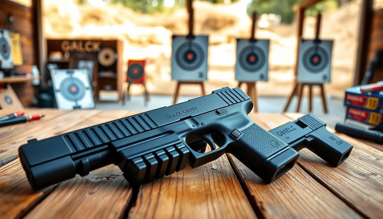 Showcasing glock 17 slides with detailed features on a shooting range table.