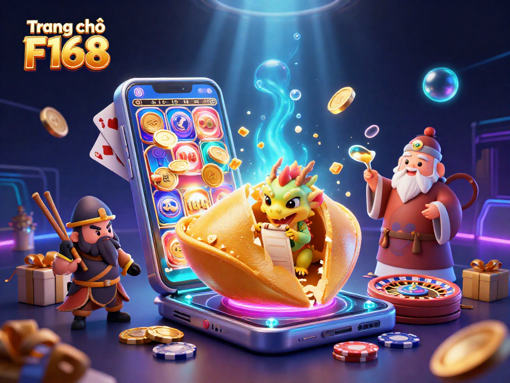 Spin the reels and win at Trang chủ F168 with an illustrated scene of a golden fortune cookie, dragon, and casino games.