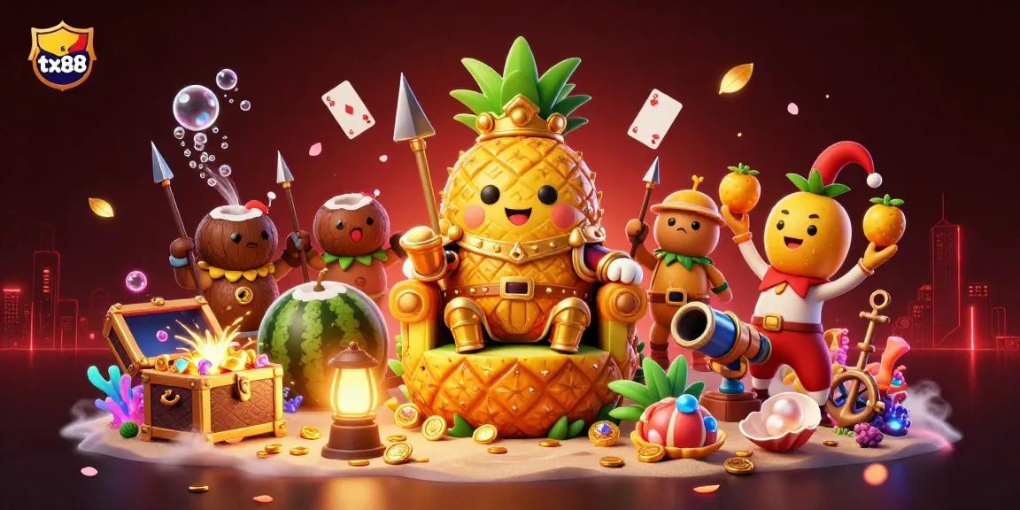 Experience thrilling moments with tx88's golden pineapple king in a vibrant beach casino scene.