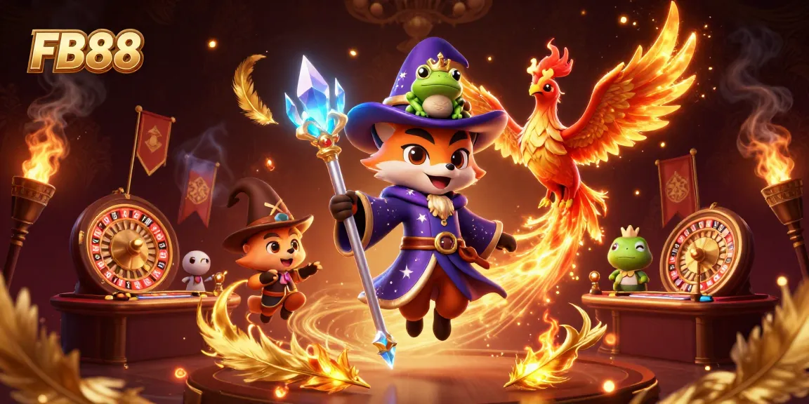 Engage with FB88's magical gaming experience featuring a wizard fox and phoenix in an enchanting casino.