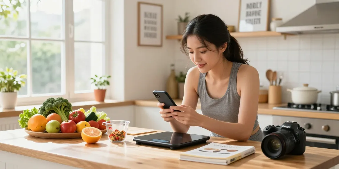 Health-conscious user logging meals with the best AI calorie tracker in a bright kitchen.