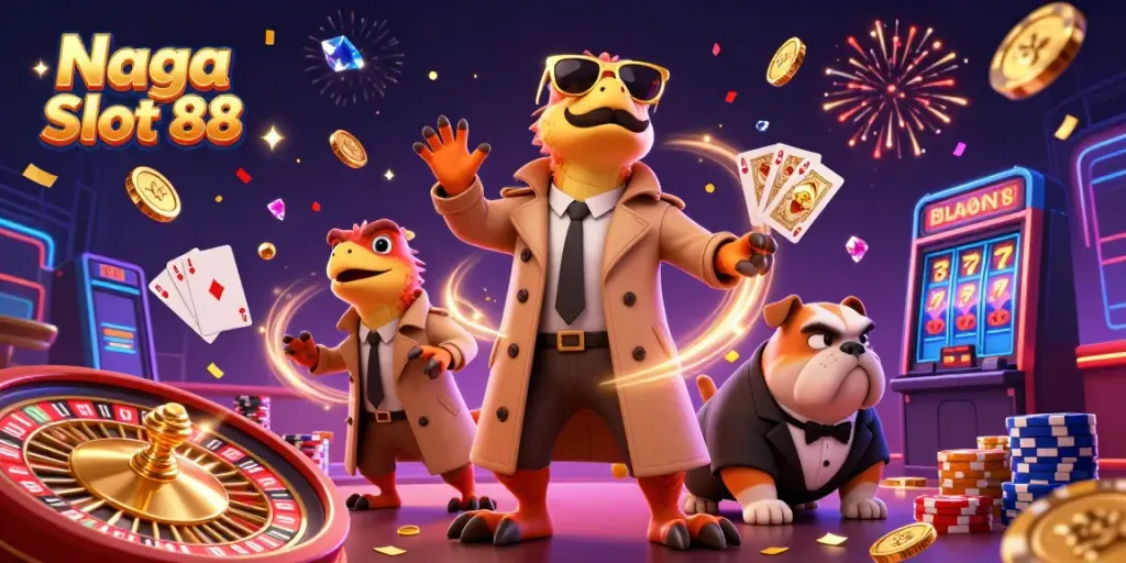 Experience the excitement of Naga Slot 88 with raptors in a trench coat attempting VIP entrance at a vibrant casino.