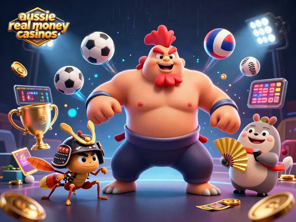 Aussie real money casinos showcase vibrant gaming with a sumo wrestler, cricket, and tanuki amidst dynamic sports elements.