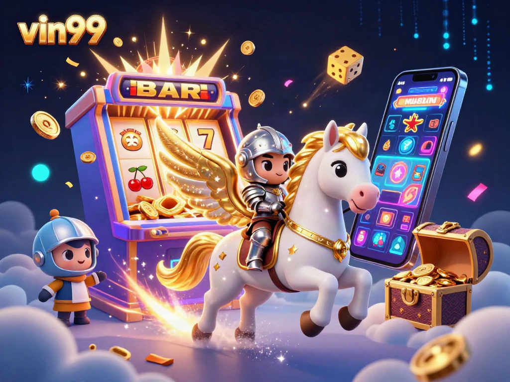 Spin the jackpot with vin99! A dazzling 3D illustration of a slot machine and dynamic characters.