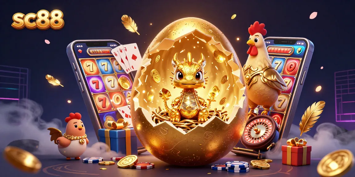 Engage with sc88's vibrant 3D depiction featuring a golden dragon amidst thrilling slot and poker elements.