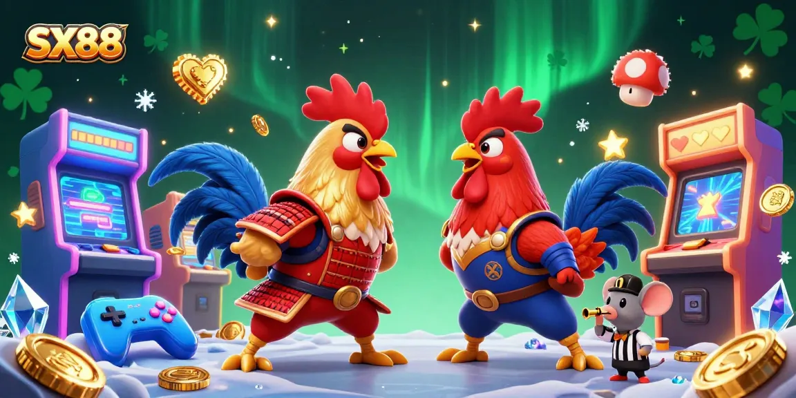 SX88's vibrant scene features a dramatic rooster standoff amidst exciting arcade elements, highlighting thrilling gambling action.