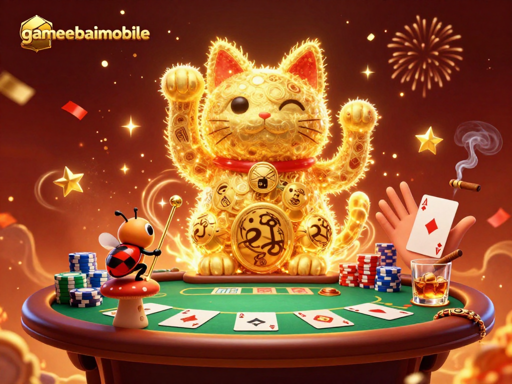 Engage with gamebaimobile as golden fireflies create a giant lucky cat amid poker elements.