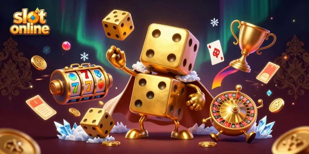 Engage in thrilling slot online experiences with a vibrant 3D illustration of characters and game elements.