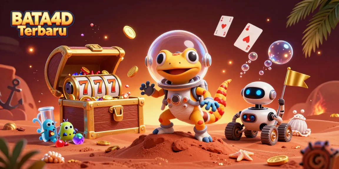 BATA4D Terbaru showcases a lively 3D scene of gambling excitement with stellar gaming elements.