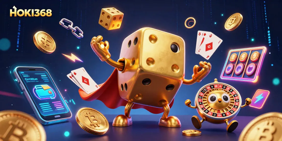 Engage with HOKI368's vibrant casino world featuring golden dice and glowing cryptocurrencies.