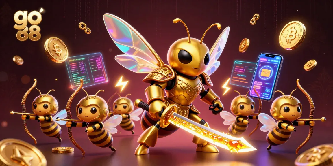 Engage in thrilling gameplay with go 88, featuring a unique 3D illustration of a hornet samurai surrounded by crypto elements.