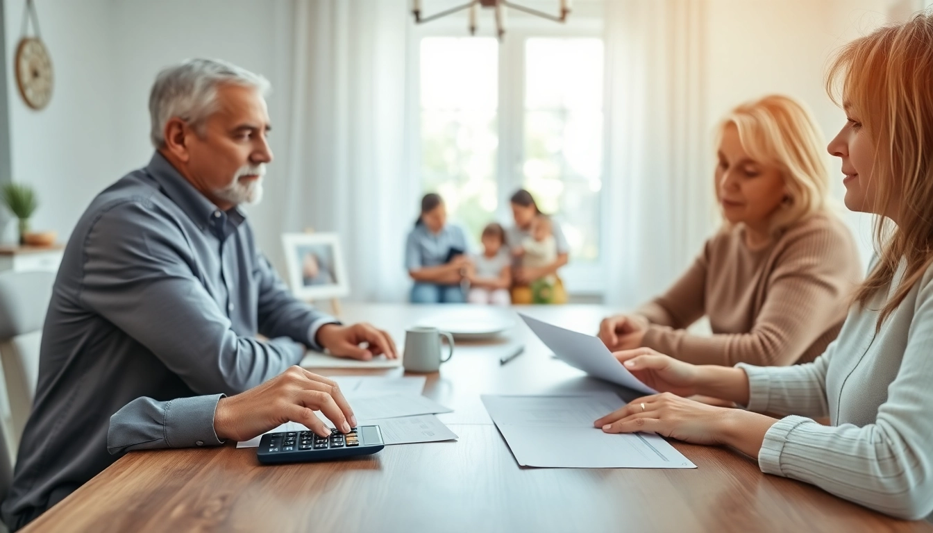 Parents calculating NYS child support percentage at home with documents and calculator.
