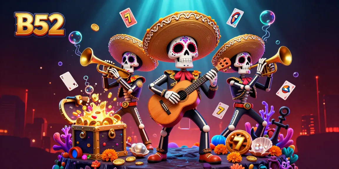Experience thrilling wins at B52 with a vibrant scene featuring three lively characters from the Mariachi band amidst energetic casino elements.