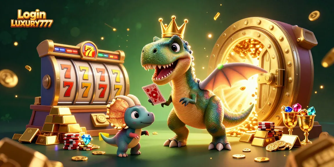 Login LUXURY777 dan karakter dinosaurus dalam suasana kasino yang penuh harta dan gemerlap.