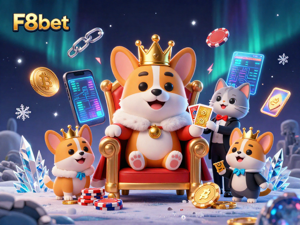 Experience the excitement of F8bet with a royal corgi on a throne surrounded by vibrant crypto elements.