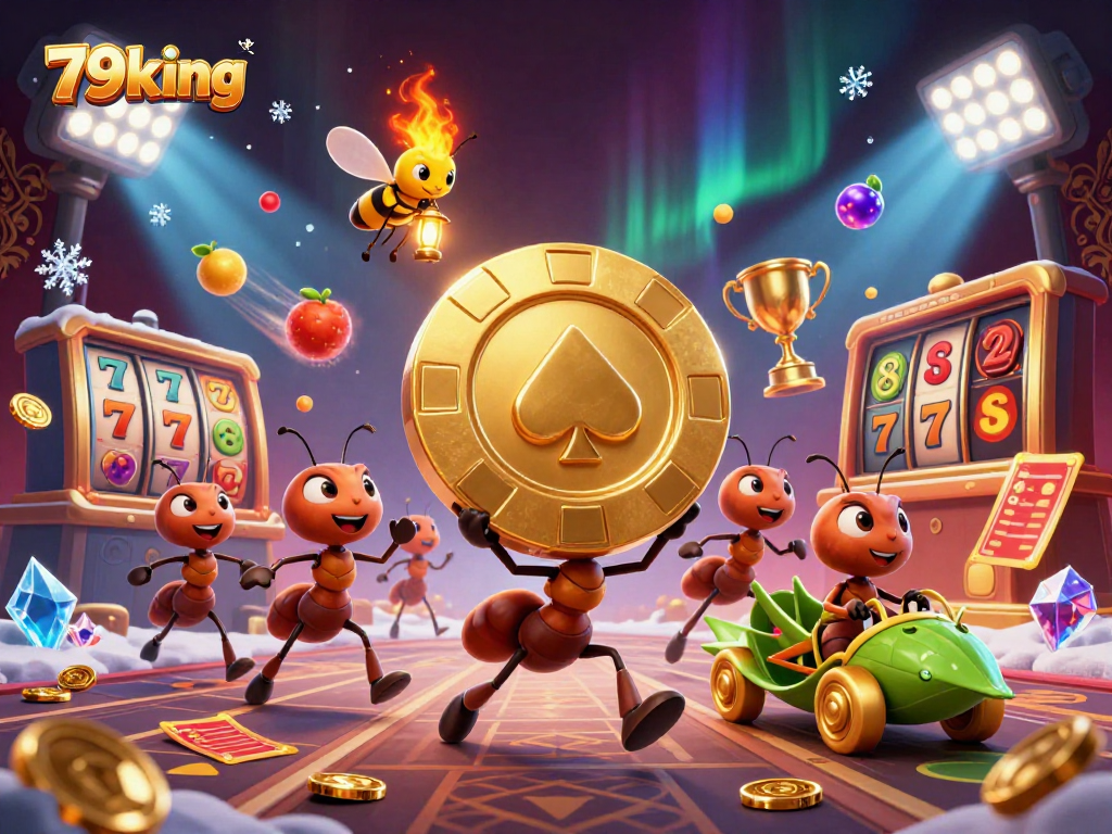 Experience the thrill of 79king with a cartoon heist scene featuring ants and a golden poker chip.