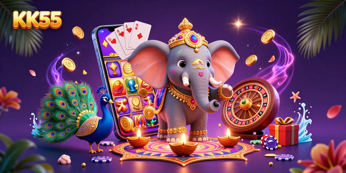 KK55 delights players with a vibrant scene of an ornamental elephant and peacock amidst casino game elements.
