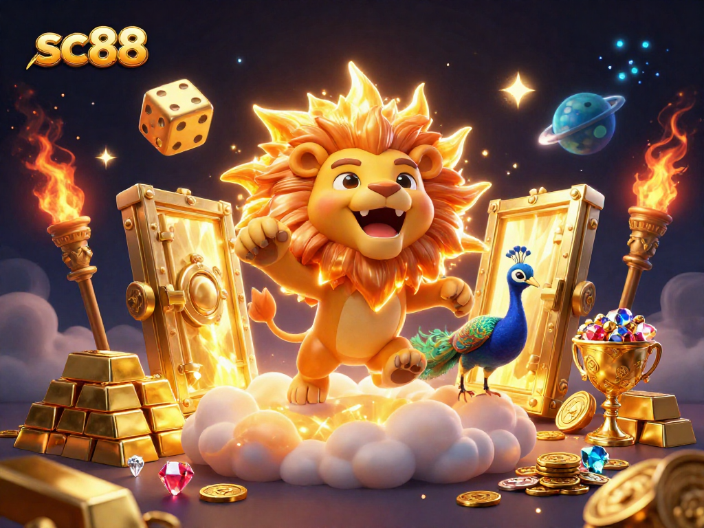 Experience winnings at sc88 with vibrant 3D casino illustration featuring golden dice and treasures.
