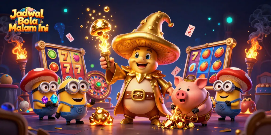 Engage with Jadwal Bola Malam Ini in a vibrant 3D casino scene, highlighting golden treasures and thrilling slots.