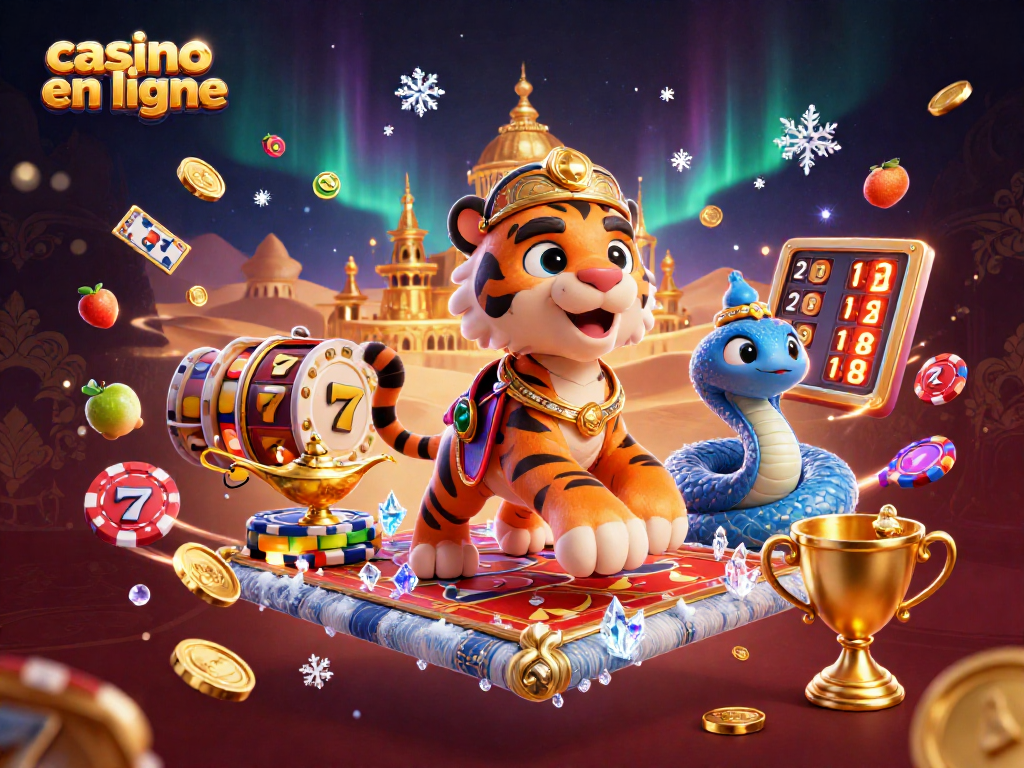 Plongez dans l'aventure d'un casino en ligne avec un sultan en tapis volant, machines à sous et éclats dorés.