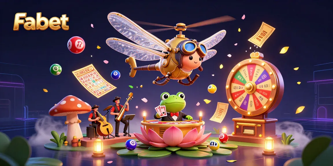 Experience vibrant gambling excitement with Fabet's animated casino scene featuring a dragonfly pilot and card-dealing frog.