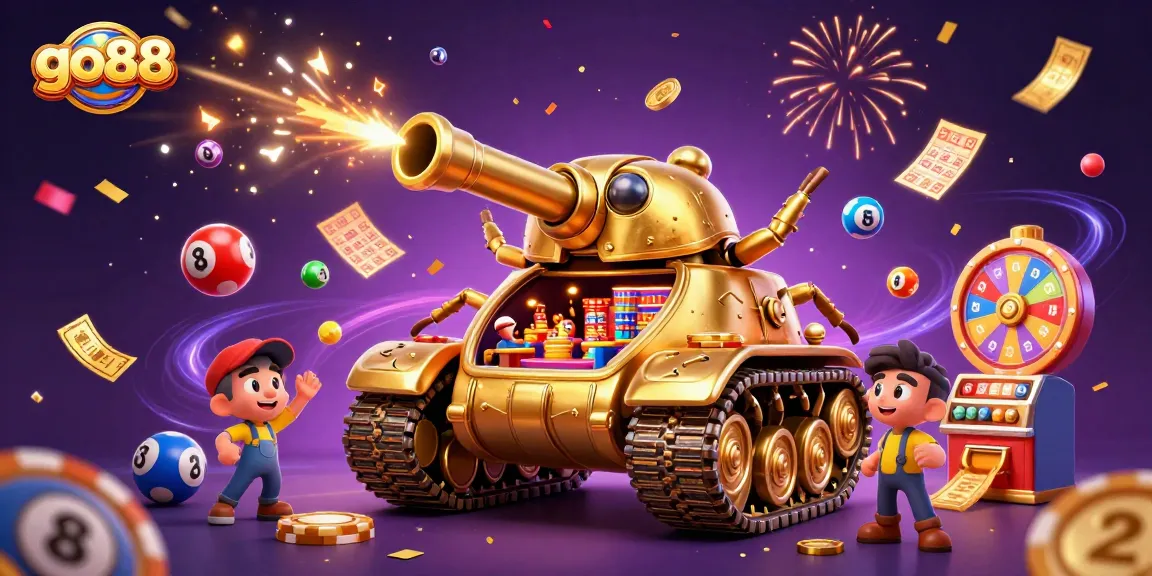 Engage in the vibrant gaming world of go88 with a colorful casino scene filled with lottery balls, exciting prizes, and rich rewards.