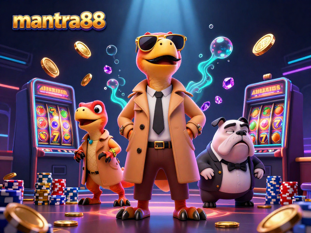 Play exciting slots and win with mantra88 in a dynamic casino scene filled with characters and games.