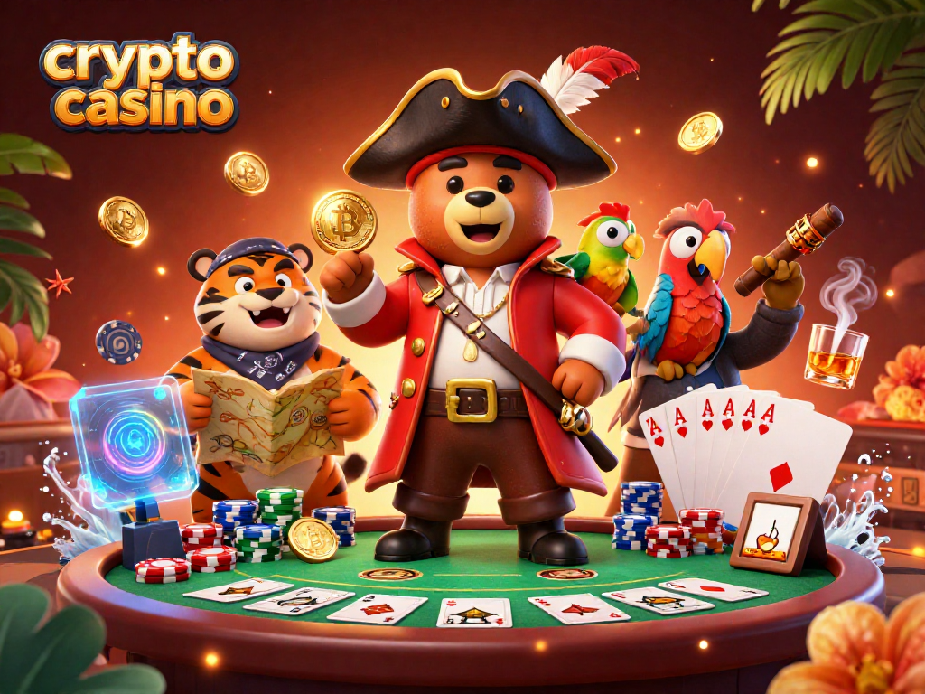 Jouez dans un crypto casino animé avec le capitaine ours, un tigre et des éléments de jeu.