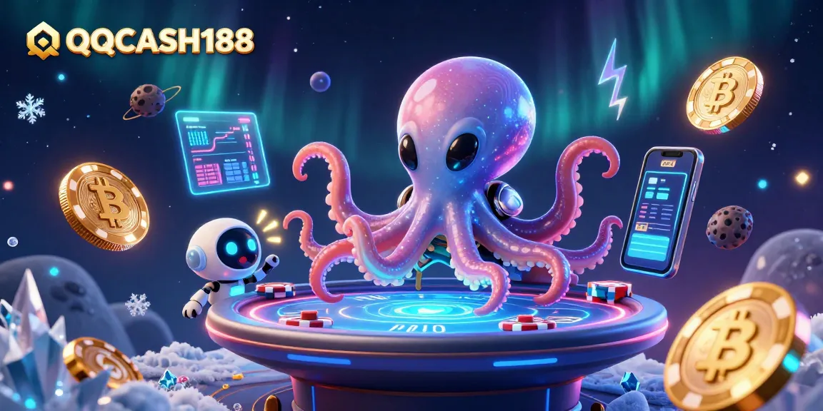 Engage with QQCASH188 while witnessing a vibrant alien casino scene filled with crypto excitement